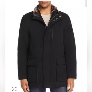 Cole Haan Men’s Faux Fur-Trimmed Wool Blend Parka Coat Jacket Black